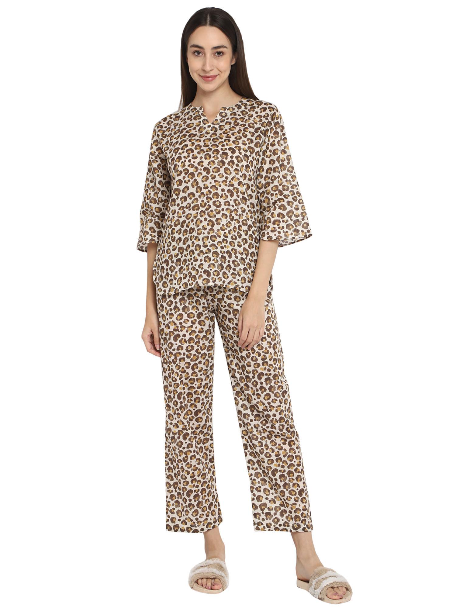 animal print round neck cotton top with pyjama (set of 2)