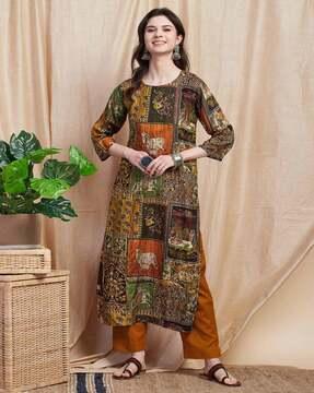 animal print round-neck straight kurta