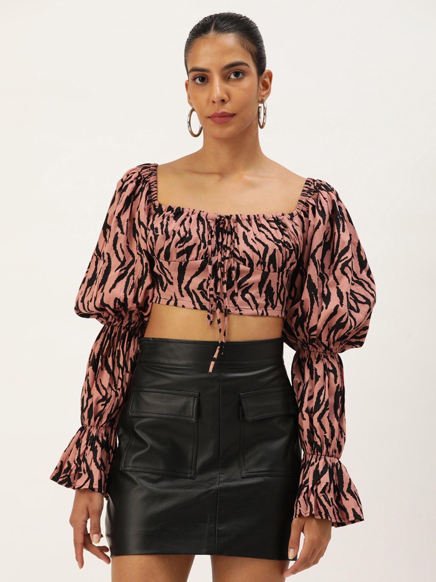 animal print square neck long sleeve crepe crop top