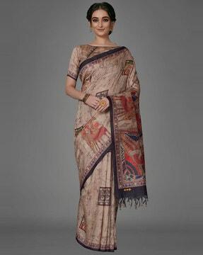 animal print tasseled saree