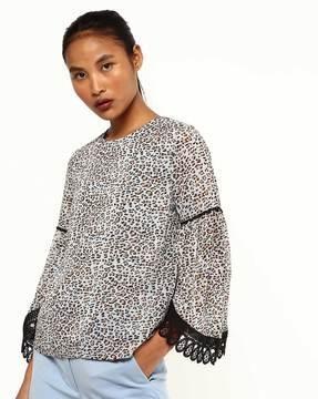 animal print top with lace sleeve hems
