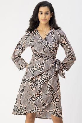 animal print v-neck crepe women's knee length dress - natural