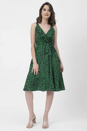 animal print v-neck georgette women's knee length dress - green