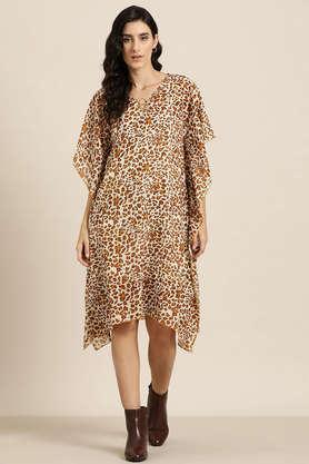 animal print v neck georgette women's knee length dress - mustard