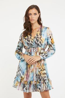 animal print v-neck polyester women's mid thigh dress - multi