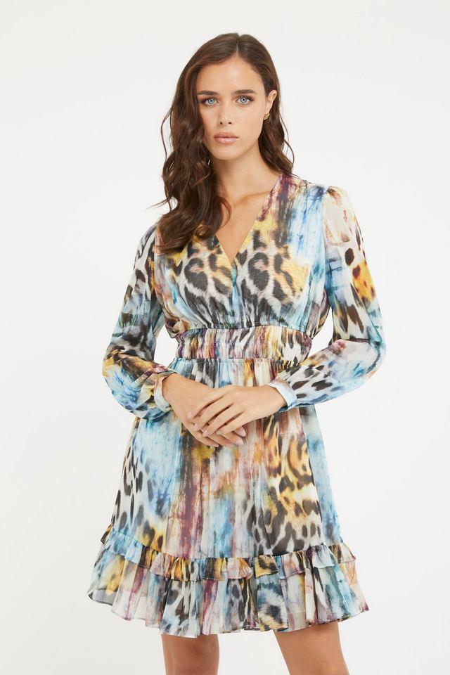 animal print v-neck polyester womens mid thigh dress