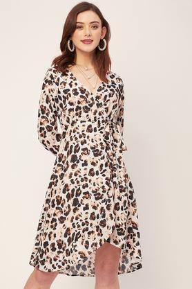 animal print v-neck satin women's knee length dress - white