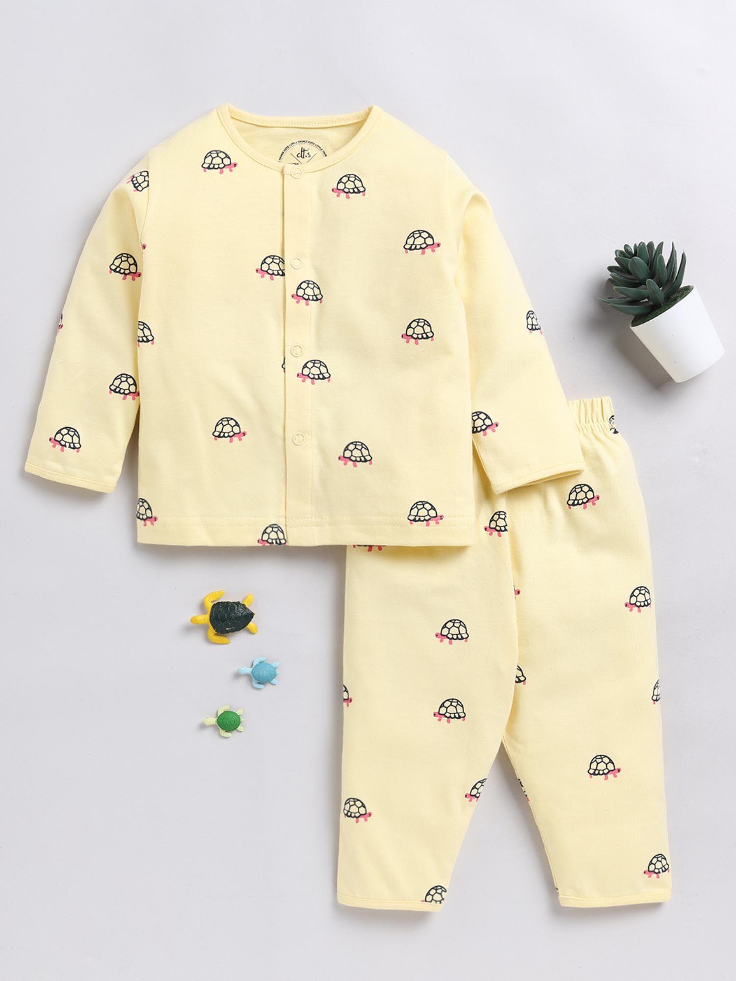 animal print yellow full sleeve night suit (set of 2)