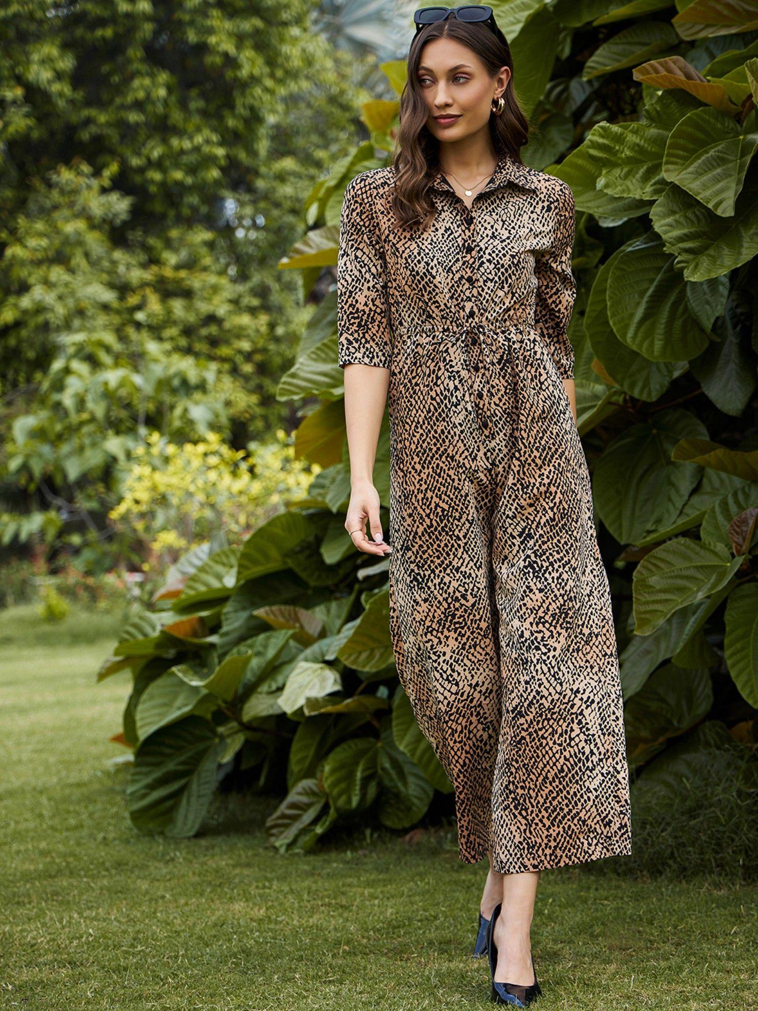 animal printed brown lined jumpsuit