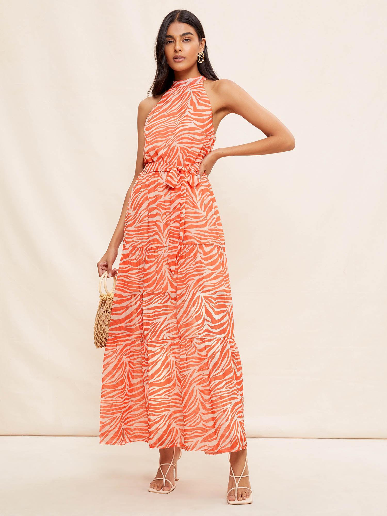 animal printed halter neck tiered maxi dress with belt-orange (set of 2)