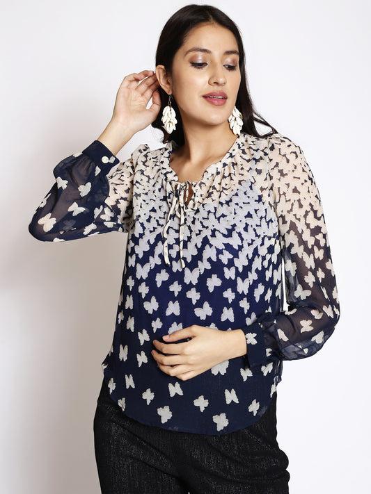 animal printed tie-up neck puff sleeve regular top