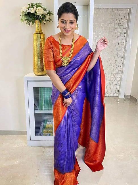 anjaneya sarees blue & rust silk woven saree with unstitched blouse