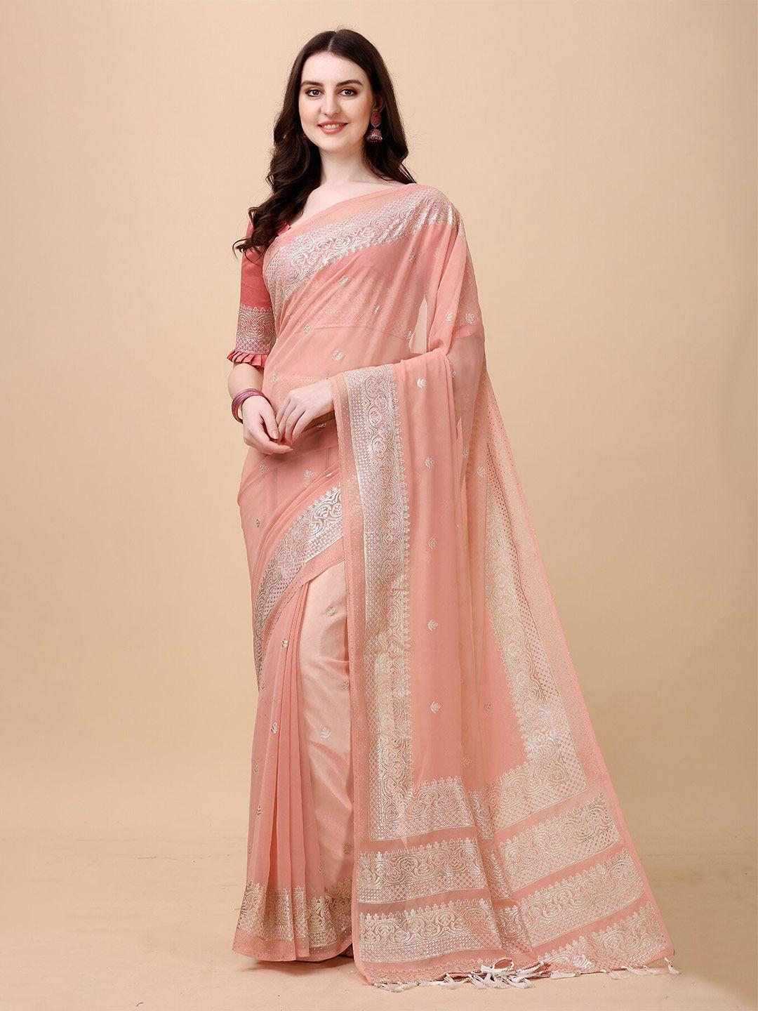 anjaneya sarees peach-coloured & silver-toned ethnic motifs silk blend banarasi saree