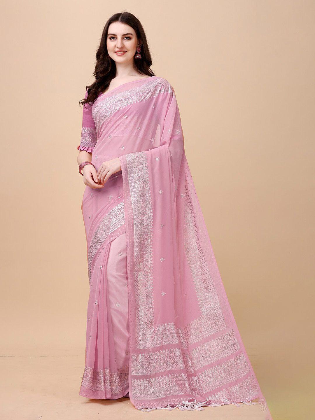 anjaneya sarees pink & silver-toned ethnic motifs silk blend banarasi saree