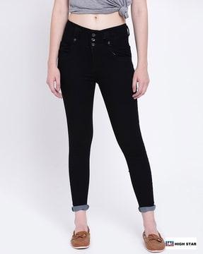 ankle length bootcut jeans with button closure