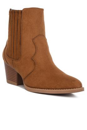 ankle length low heel cowboy women's boots - tan