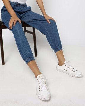 ankle-length mid-rise denim joggers