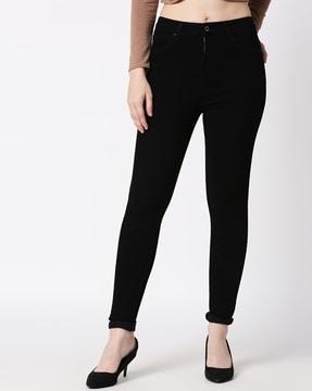 ankle length slim jeans with button closure