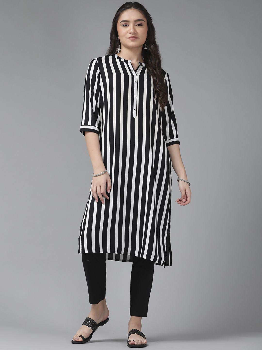 anmi women black & white striped kurta