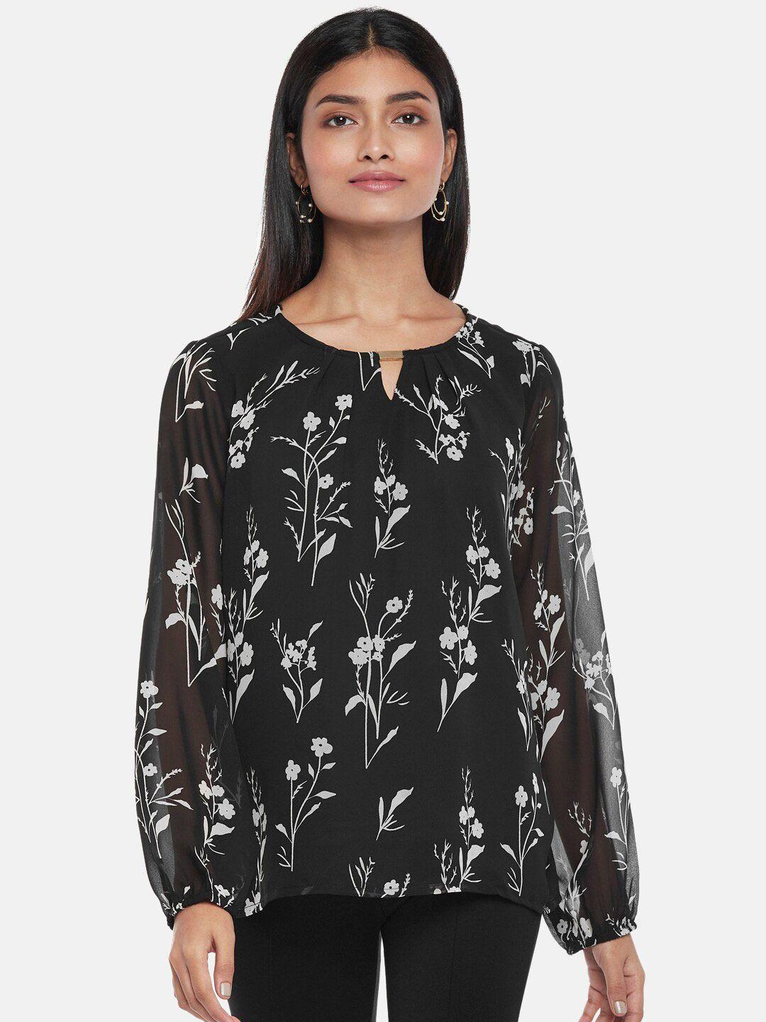 annabelle by pantaloons black floral print keyhole neck top