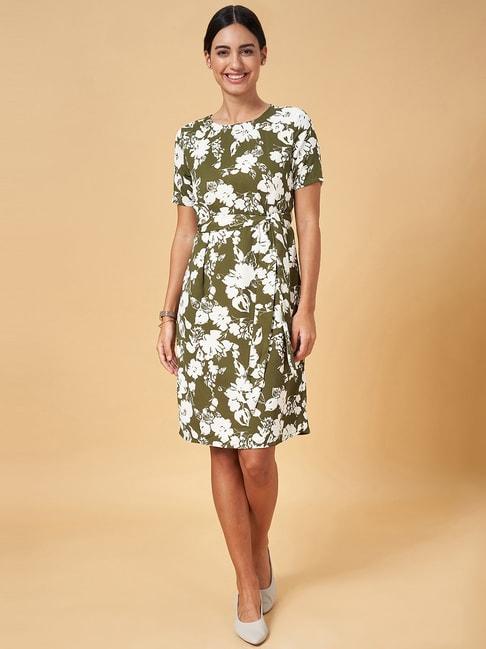 annabelle by pantaloons olive green printed a-line dress