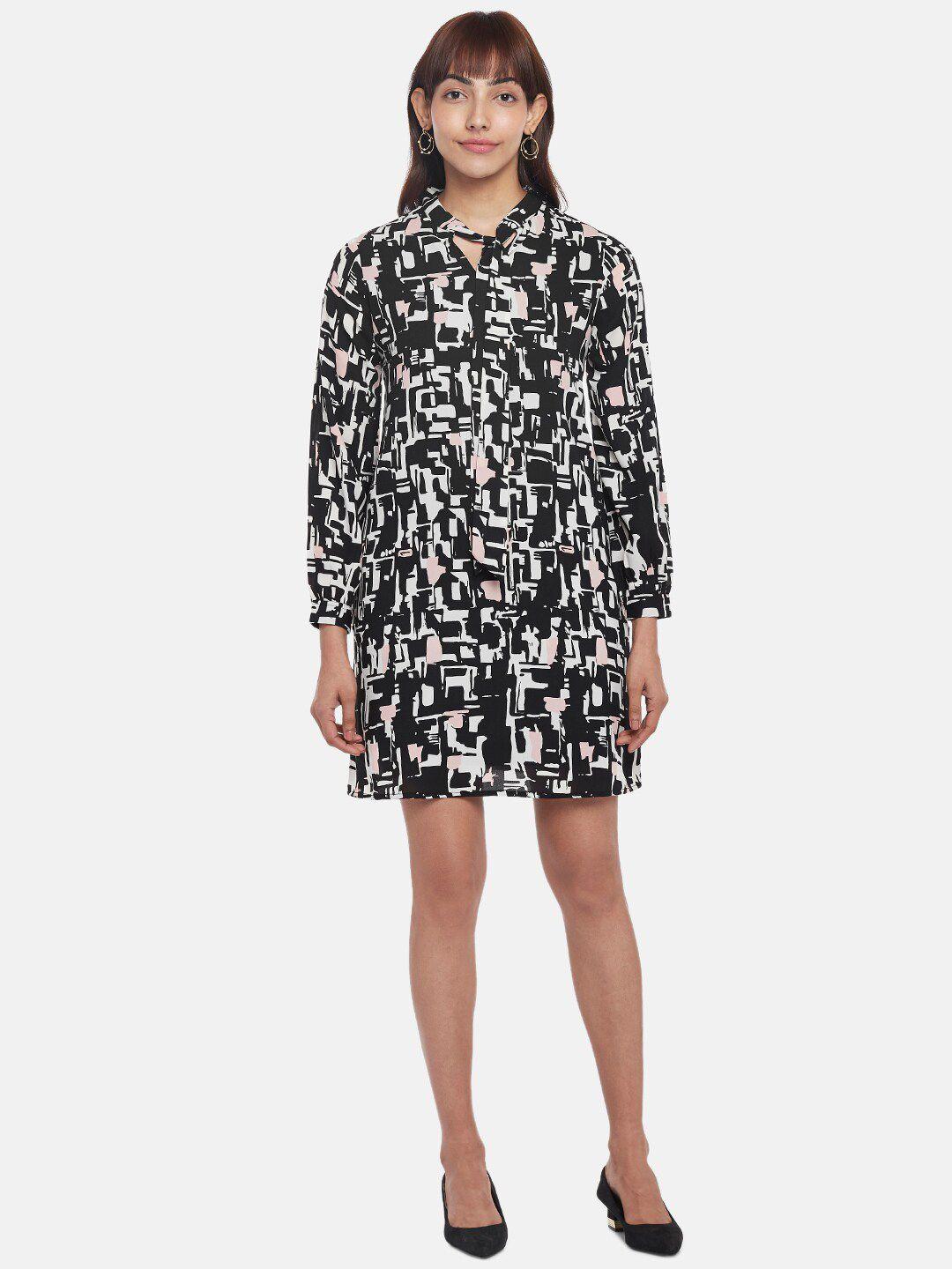 annabelle by pantaloons printed black tie-up neck shirt dress