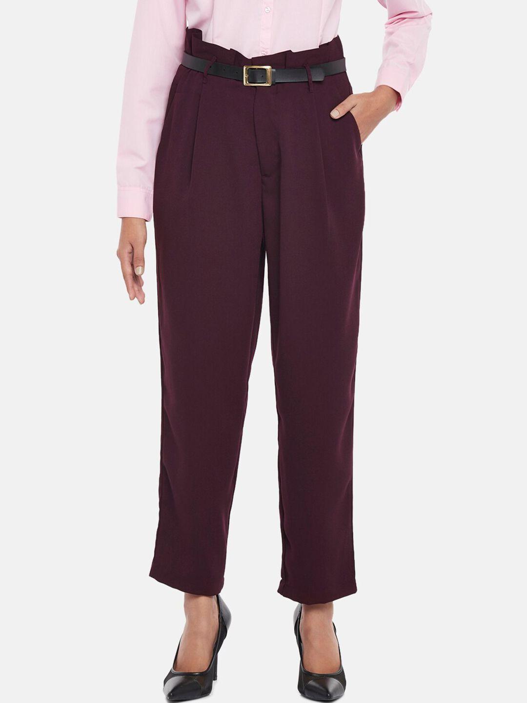 annabelle by pantaloons women maroon tapered fit high-rise pleated trousers