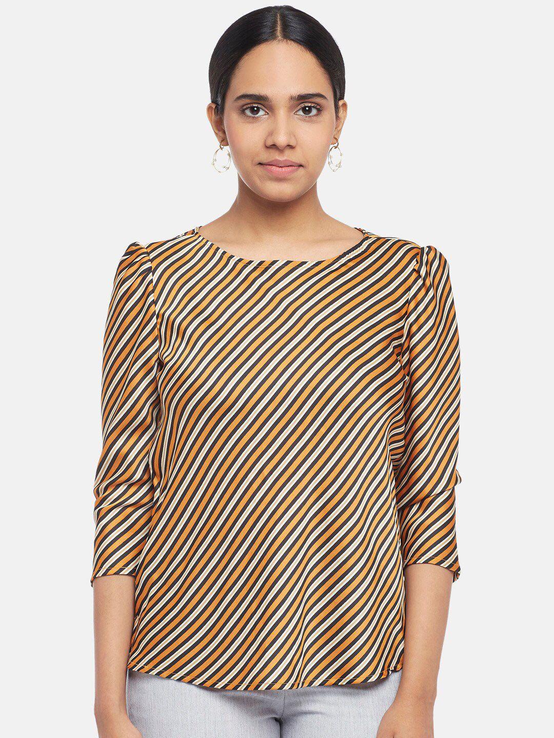annabelle by pantaloons women mustard yellow & black striped regular top