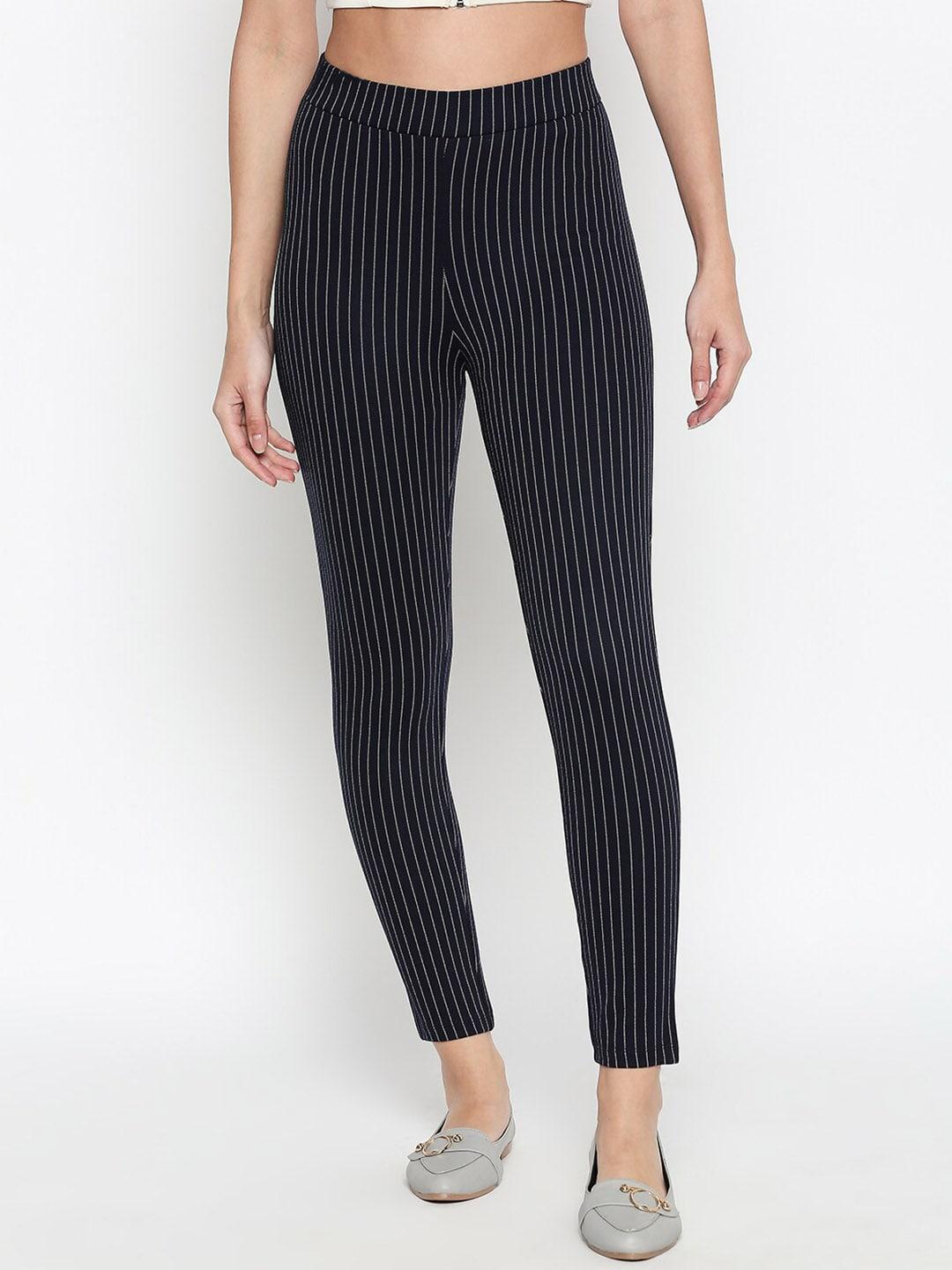annabelle by pantaloons women navy blue & white striped skinny-fit treggings