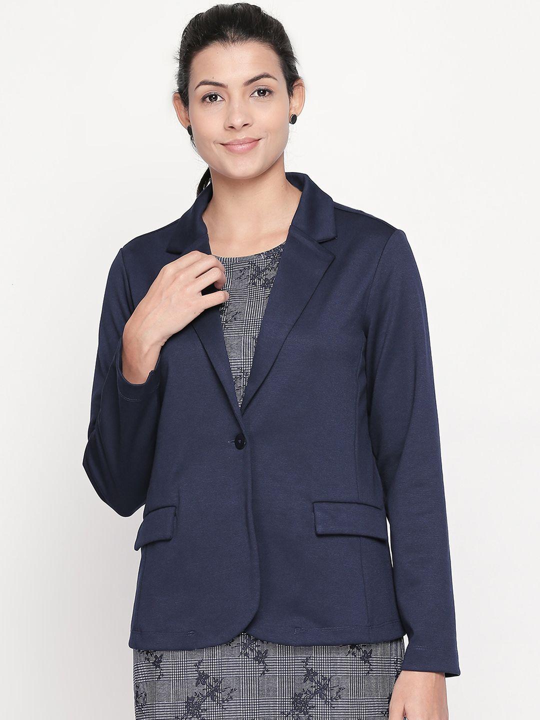 annabelle by pantaloons women navy blue solid single-breasted formal blazer