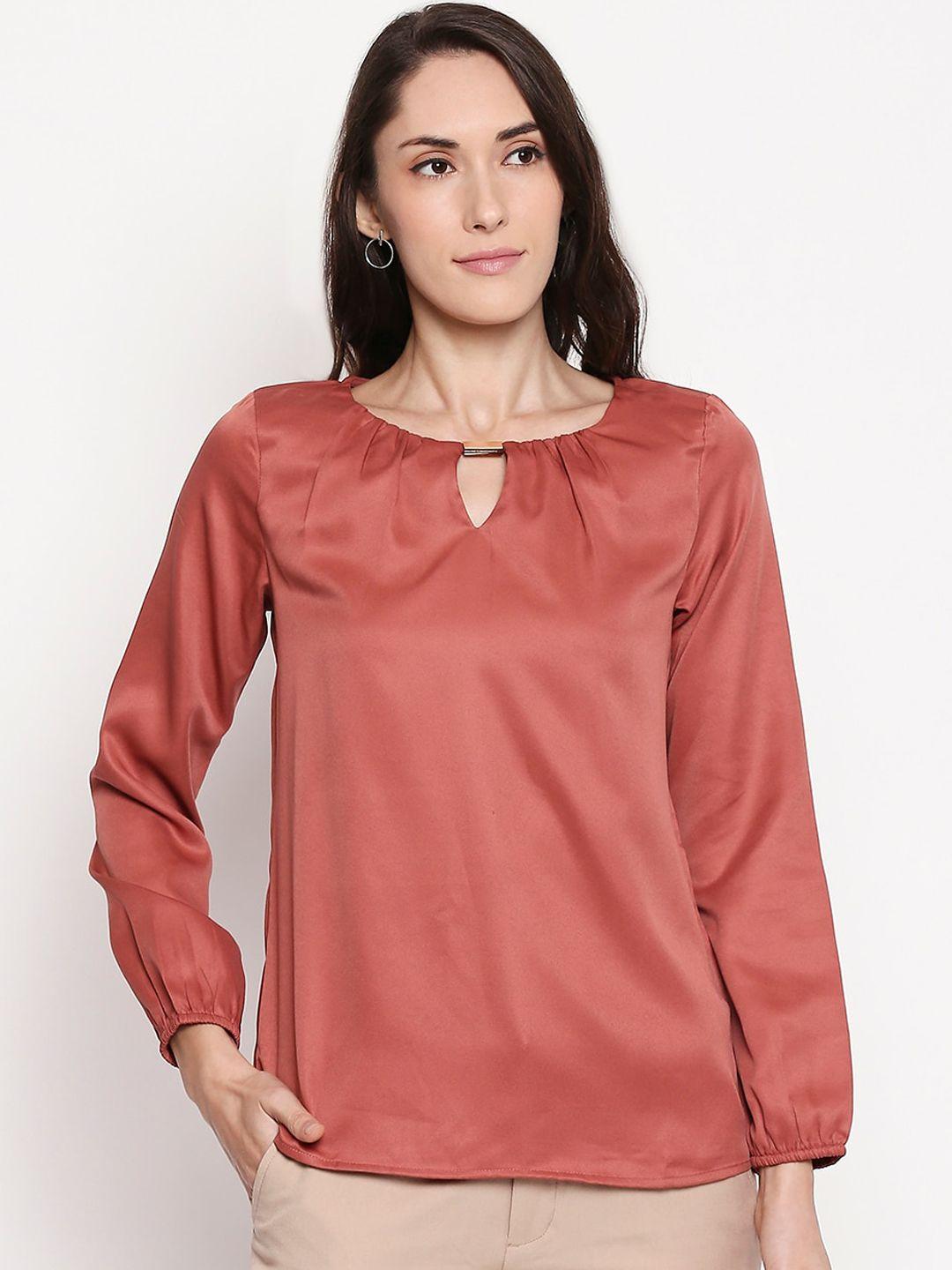 annabelle by pantaloons women rust-coloured solid keyhole neck top