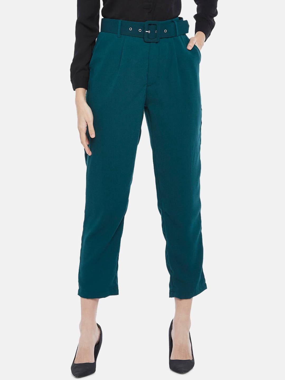annabelle by pantaloons women teal tapered fit high-rise pleated trousers