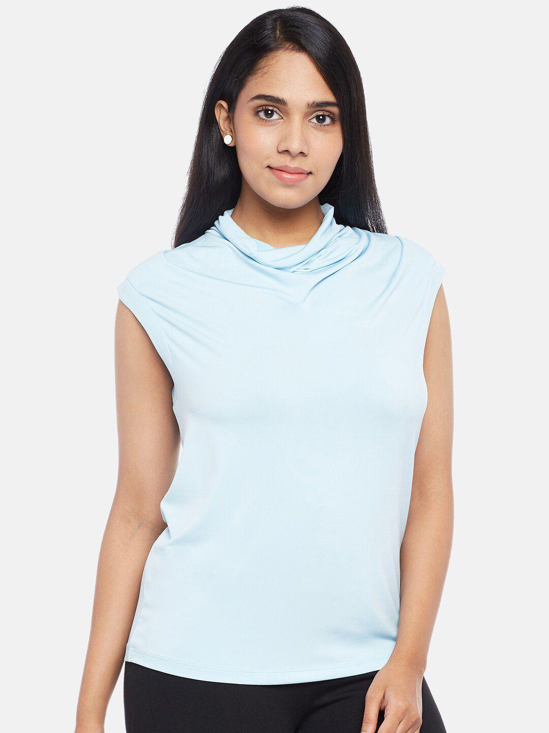 annabelle by pantaloons women turquoise blue solid cowl neck sleeveless regular top