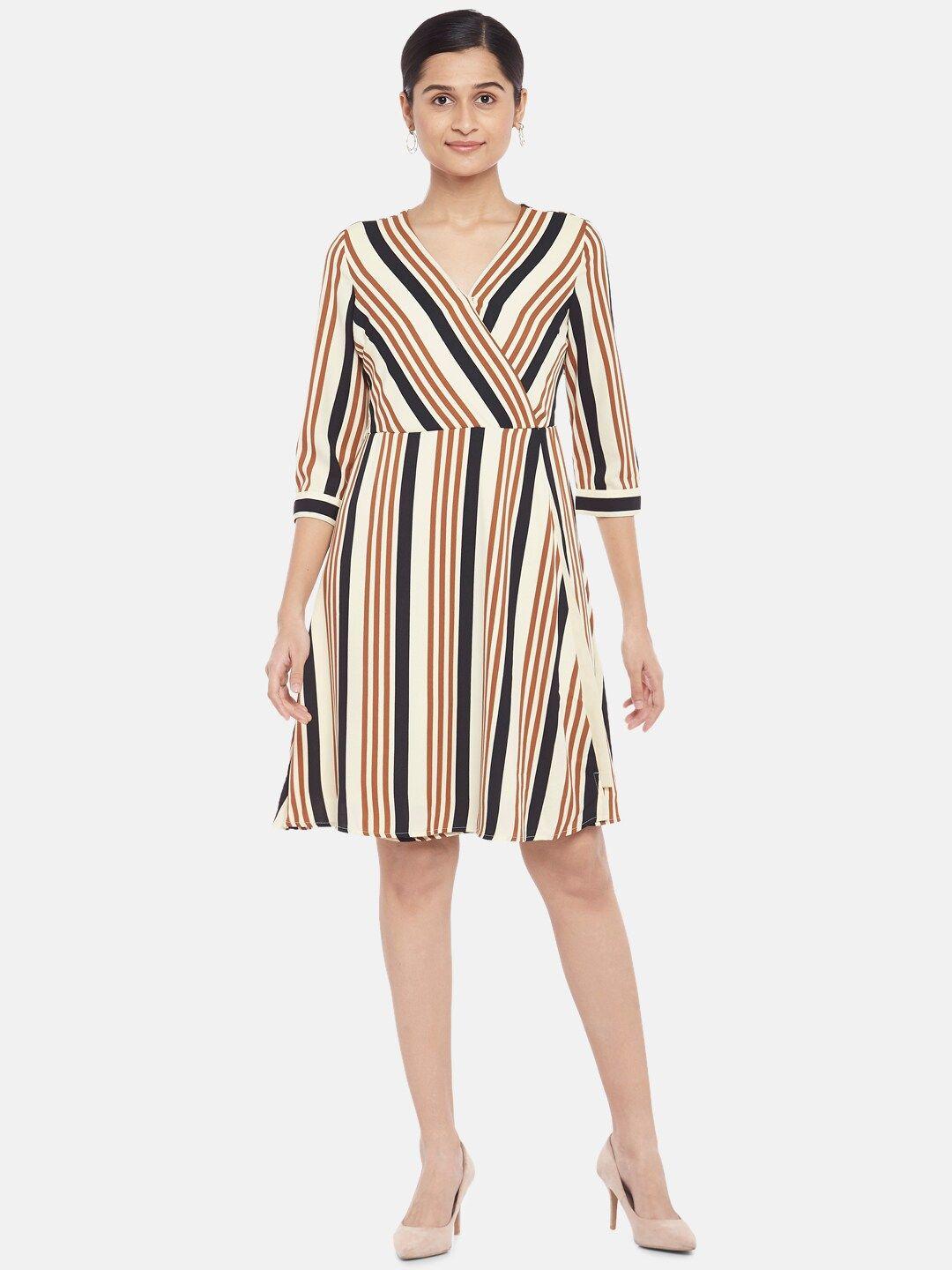 annabelle by pantaloons brown & cream-coloured striped dress