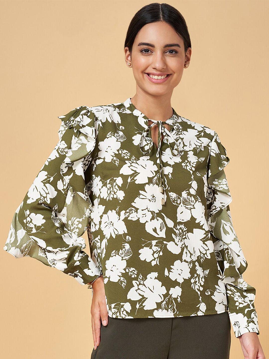 annabelle by pantaloons floral print cuffed sleeves ruffle detail tie-up neck top