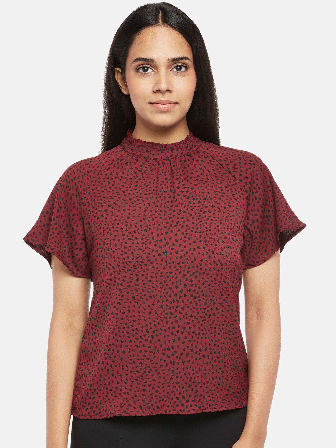 annabelle by pantaloons maroon geometric flared sleeve regular top