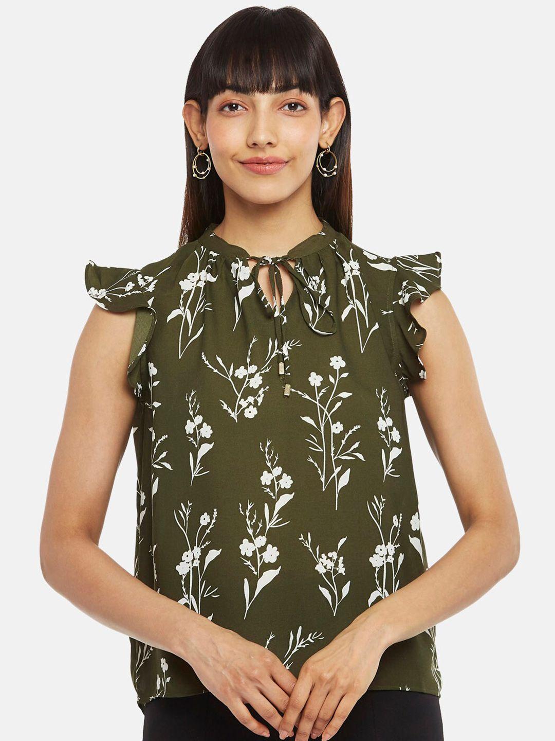 annabelle by pantaloons olive green floral print tie-up neck top