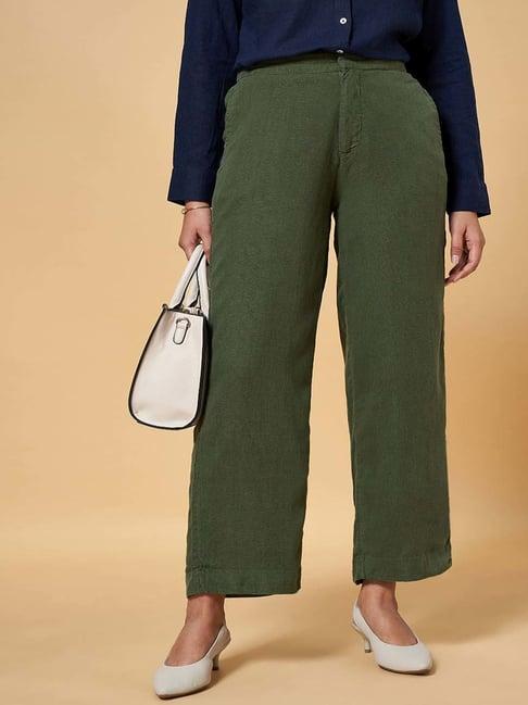 annabelle by pantaloons olive green linen formal trousers