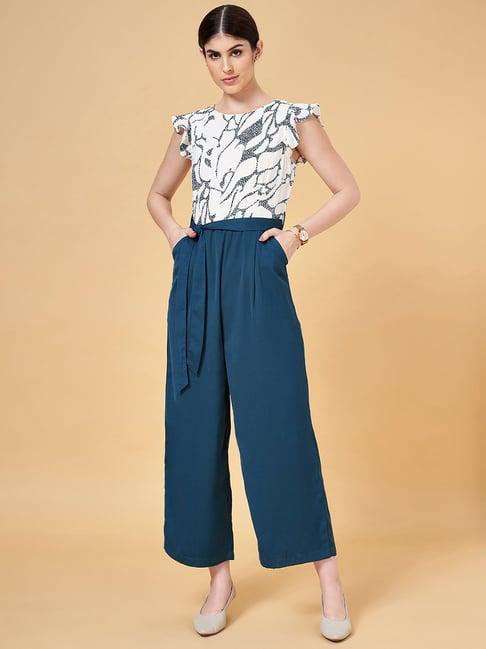 annabelle by pantaloons white & blue printed jumpsuit