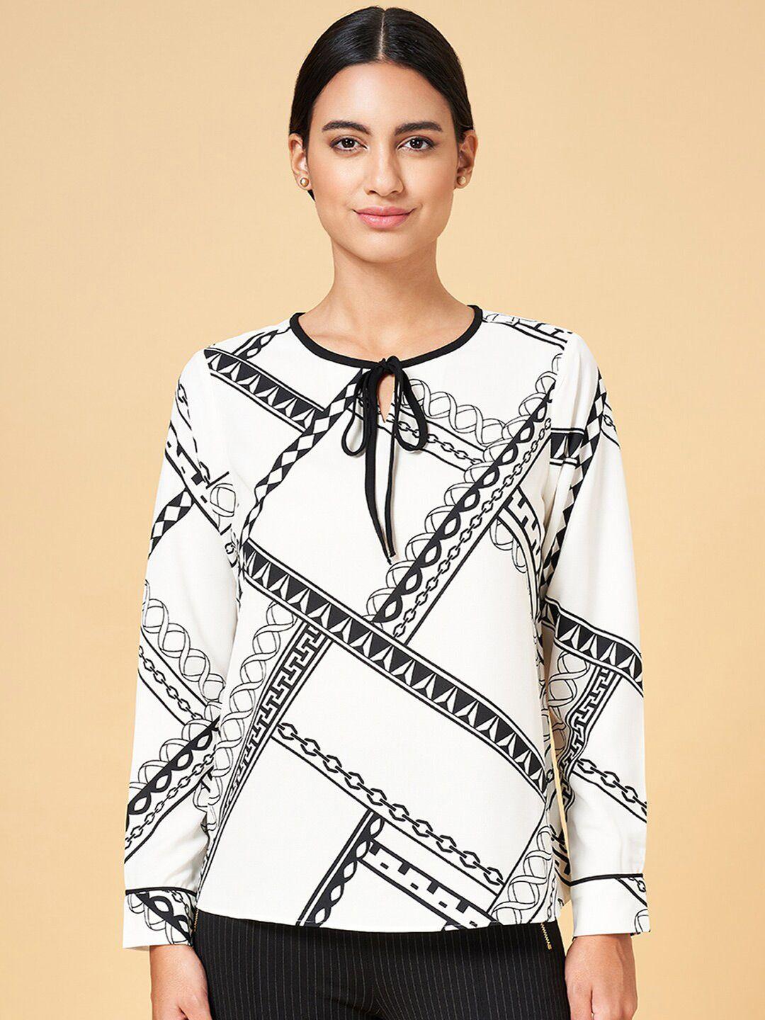 annabelle by pantaloons white geometric print tie-up neck top