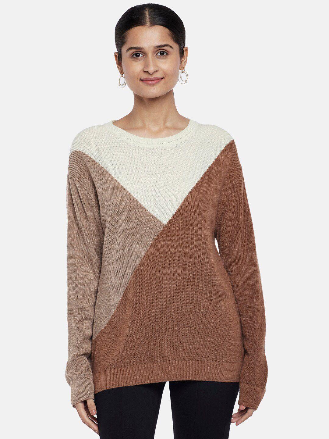 annabelle by pantaloons women brown & white colourblocked longline pullover