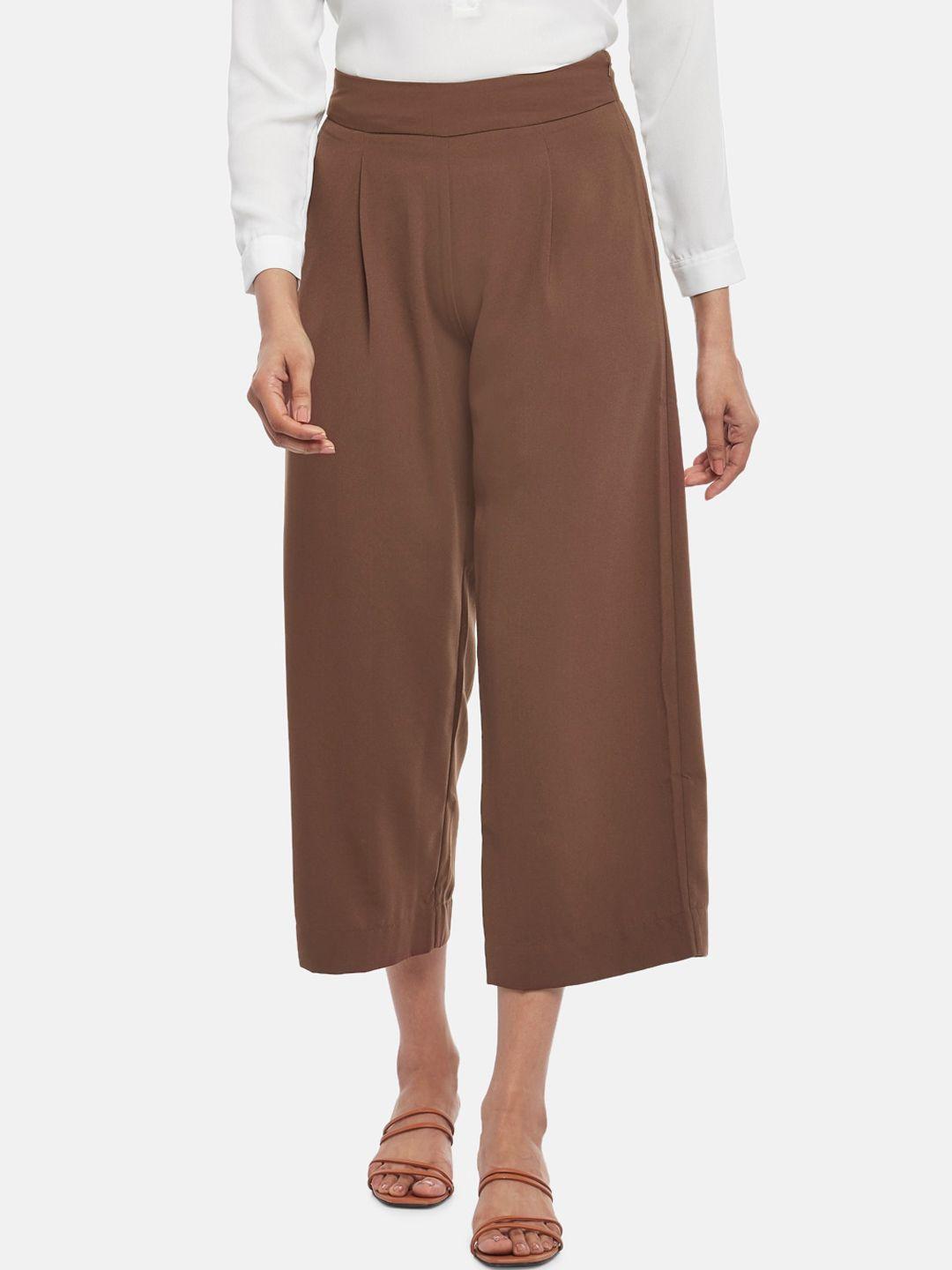 annabelle by pantaloons women brown high-rise pleated culottes trousers
