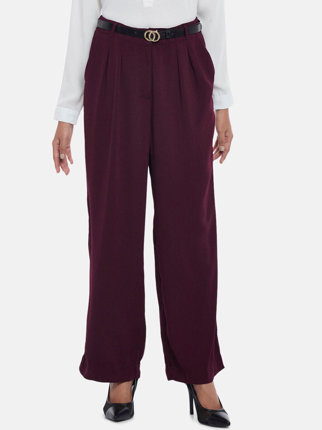 annabelle by pantaloons women maroon high-rise pleated trousers