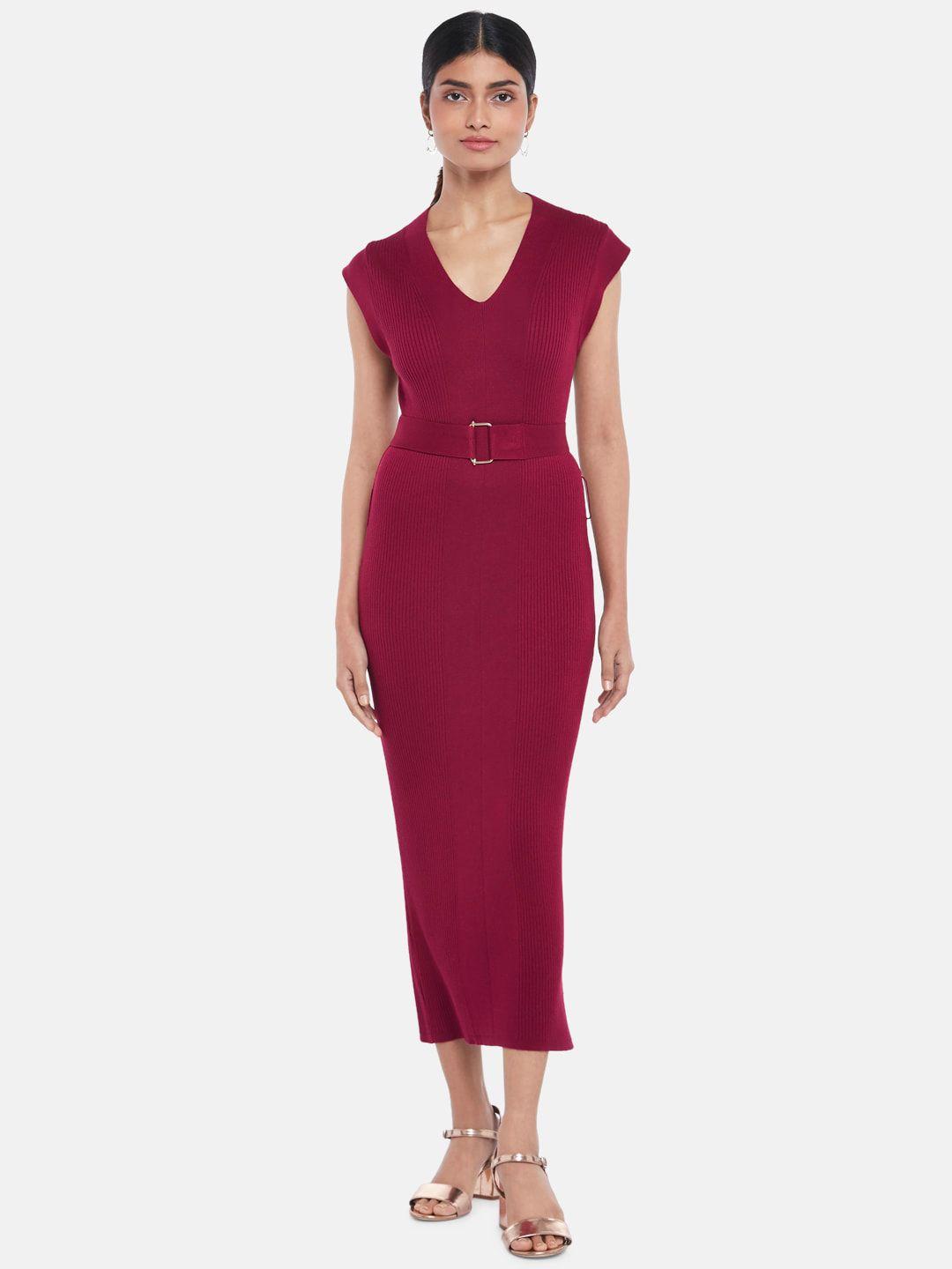 annabelle by pantaloons women maroon solid midi sheath dress