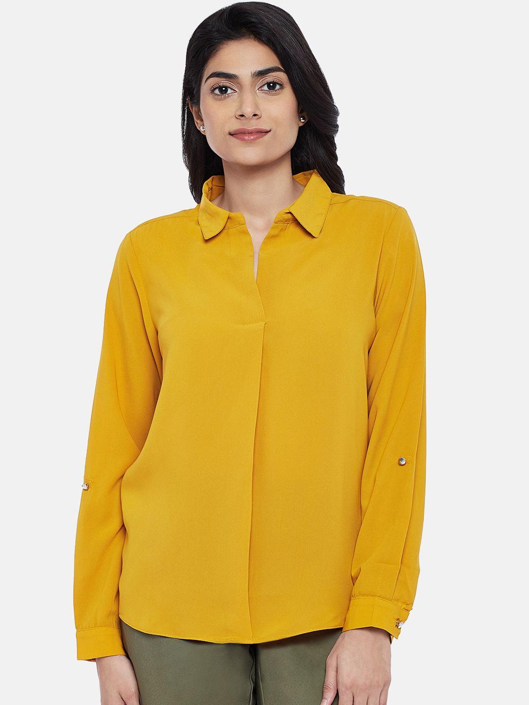 annabelle by pantaloons women mustard solid shirt style top