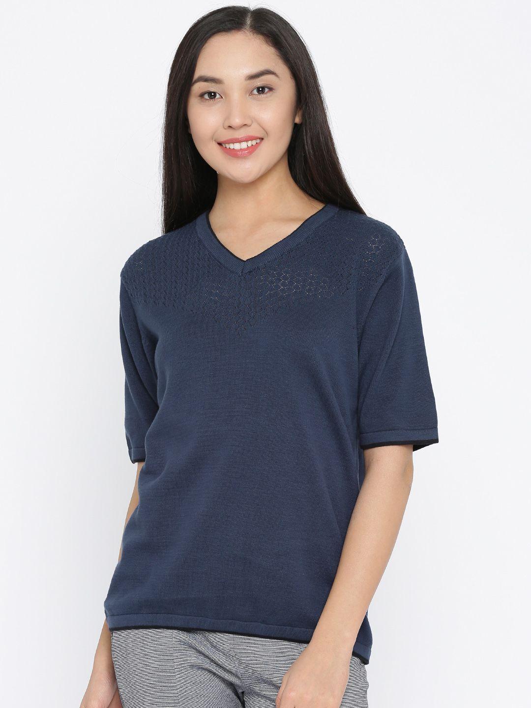 annabelle by pantaloons women navy blue solid pure cotton top