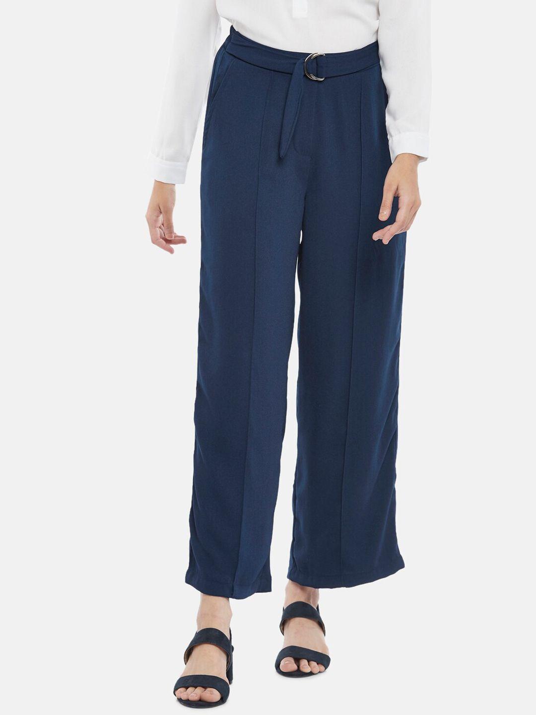 annabelle by pantaloons women navy blue straight fit high-rise pleated trousers