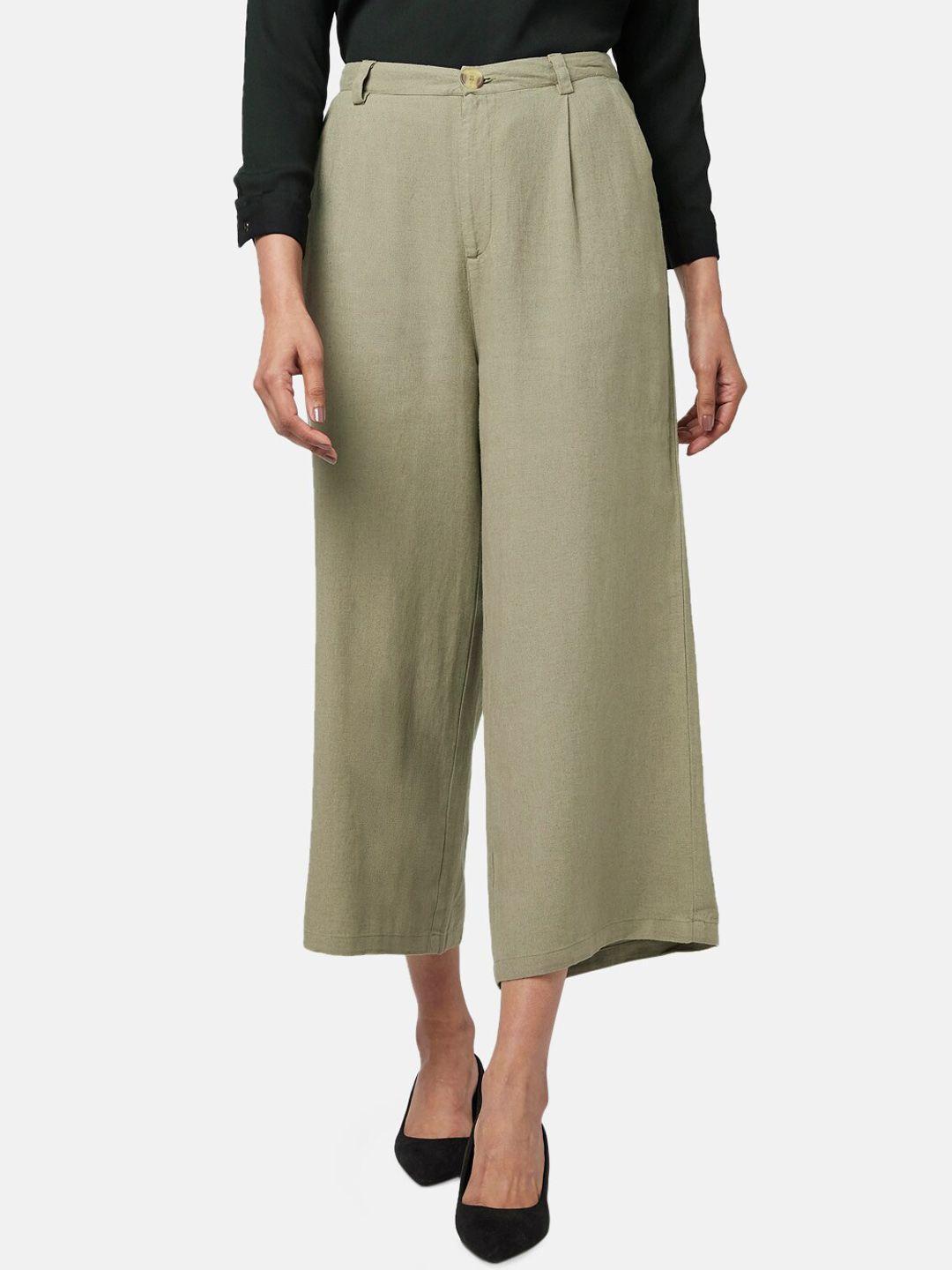 annabelle by pantaloons women olive green pleated culottes trousers