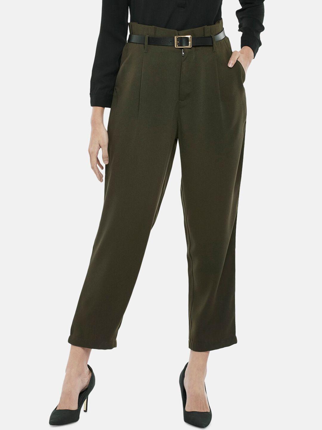 annabelle by pantaloons women olive green tapered fit high-rise pleated crop trousers