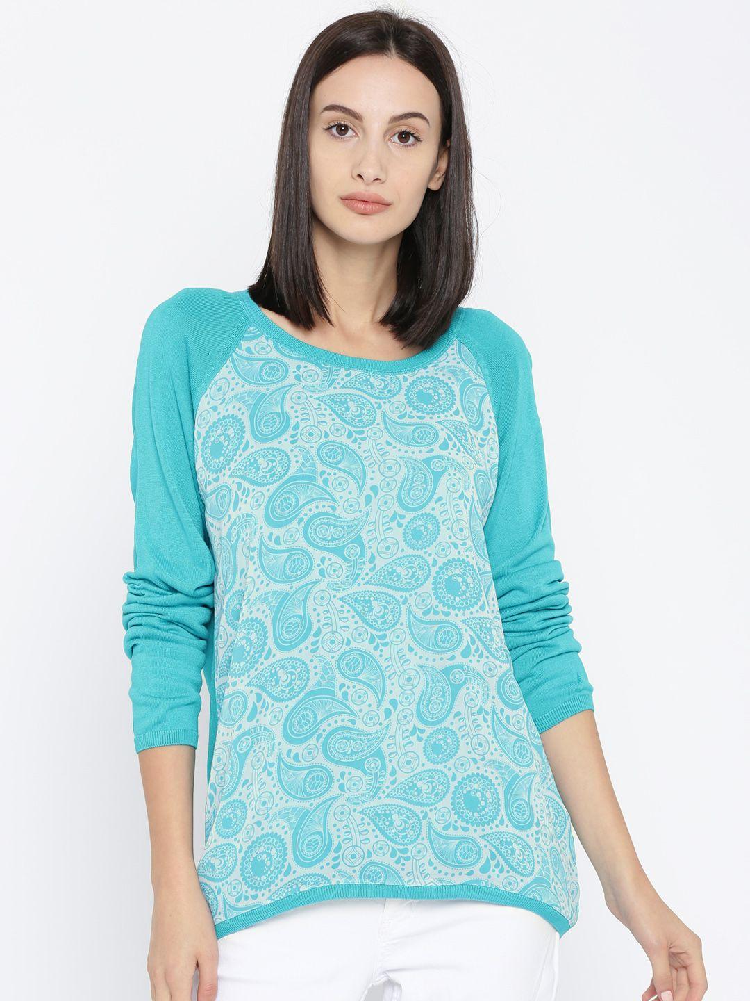 annabelle by pantaloons women turquoise blue printed pullover sweater